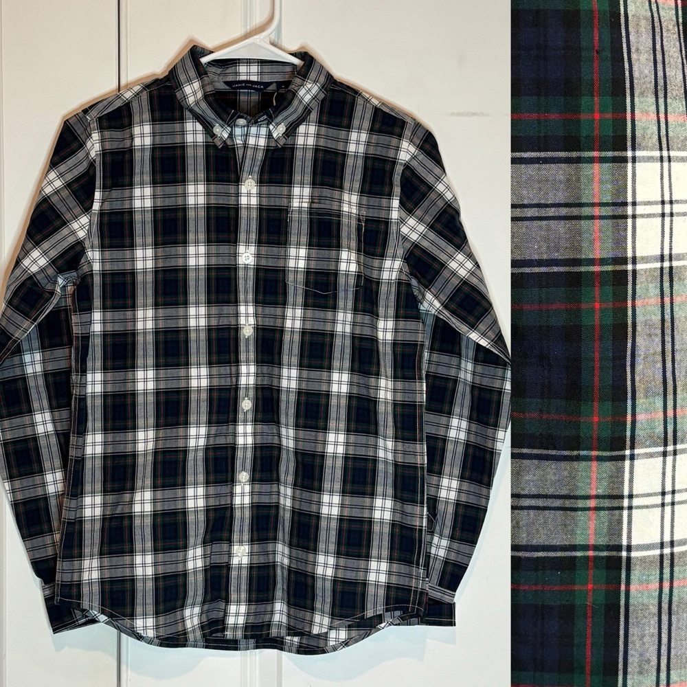 NWT Janie and Jack Black Green Red Plaid Tartan Woven Button Down Shirt 14